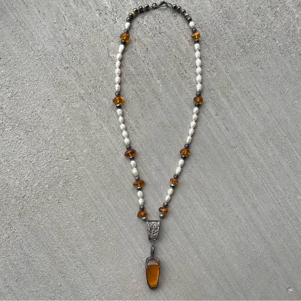 Antique Necklace Czech Massive Amber Pendant w/ Silver & Pearls Tribal Modernist